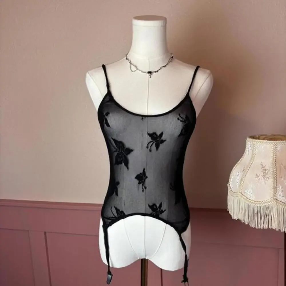 goth fairy floral mesh lingerie suspenders black romantic